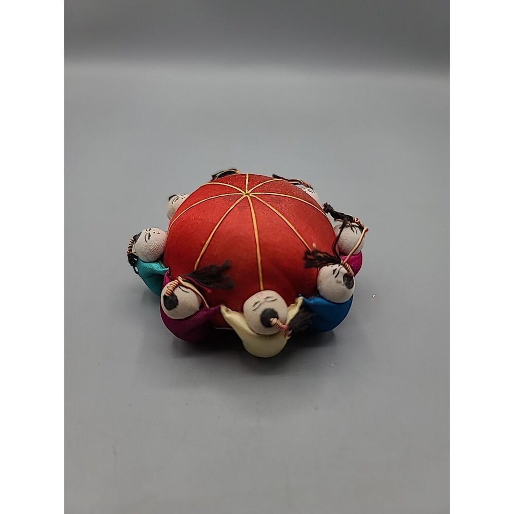 Vintage Asian Pincushion Silk Eight Children Head Pin Cushion